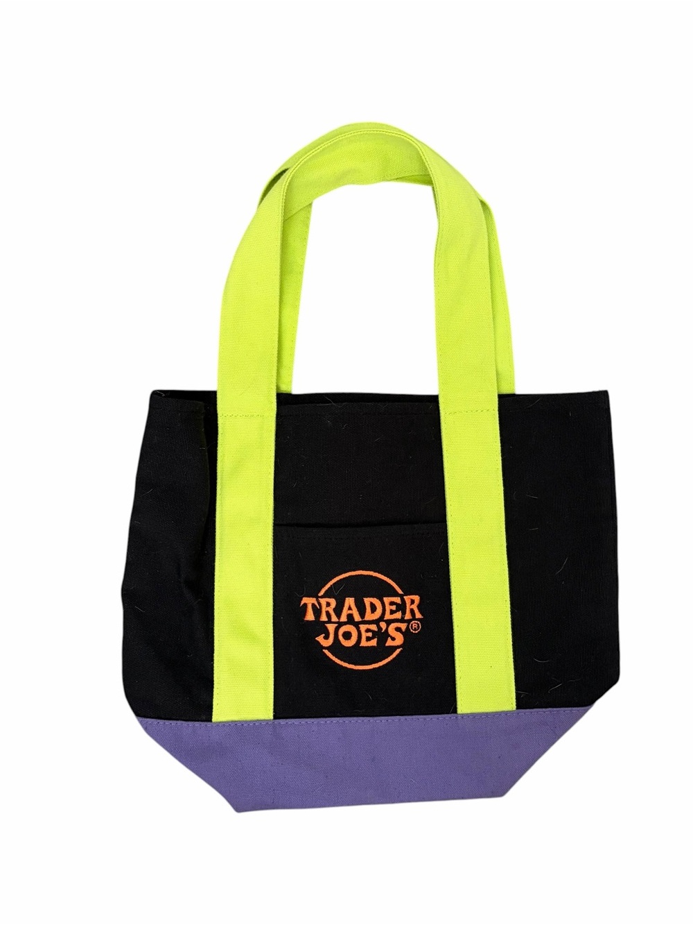 NEW Trader Joe’s Black Canvas Tote with Neon Yellow Straps and Purple Base